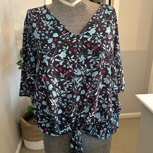 Black Floral V-Neck Tie-Front Blouse